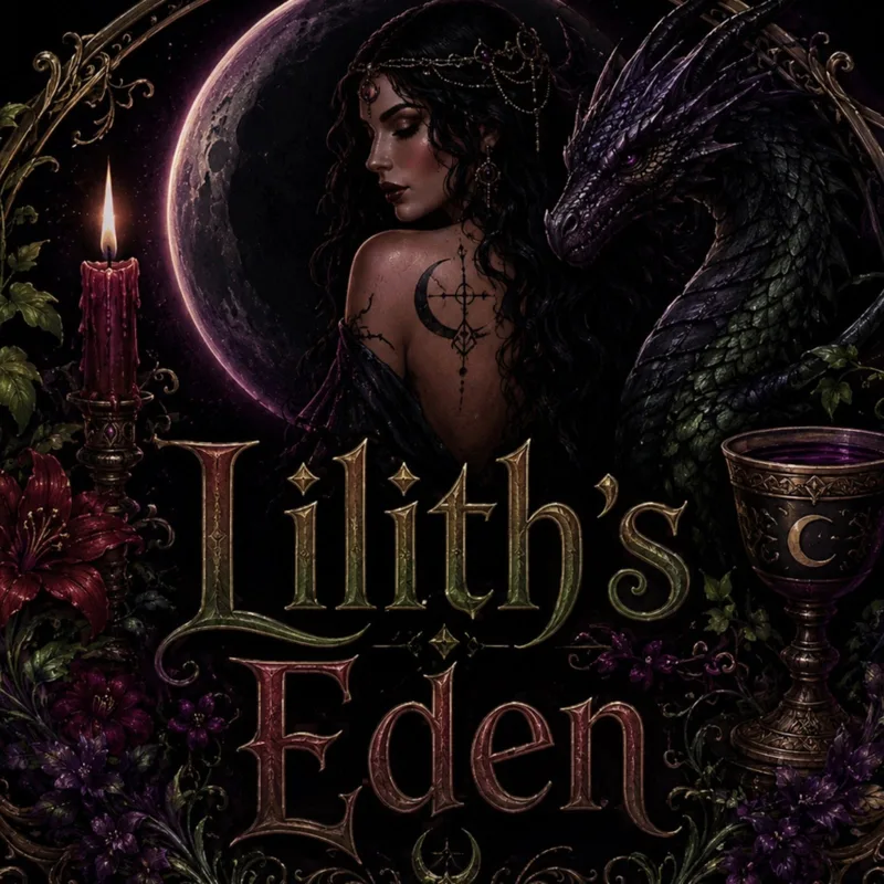 Lilith's Eden brand illustration: Lilith beneath a crescent moon with a candle, chalice and roses