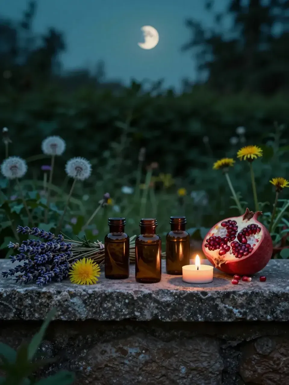 Amber apothecary jars, dried lavender, a dandelion and a split pomegranate beside a candle on a stone ledge in a moonlit garden