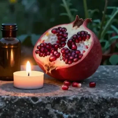 A split pomegranate and a lit candle on a stone ledge at dusk